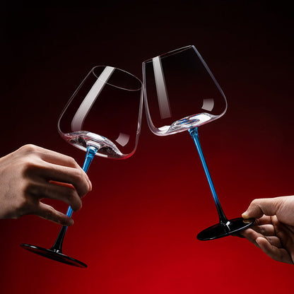 Hand-Painted Wine Glasses and Decanter Set with Cobalt Blue Accents for Burgundy and Red Wine