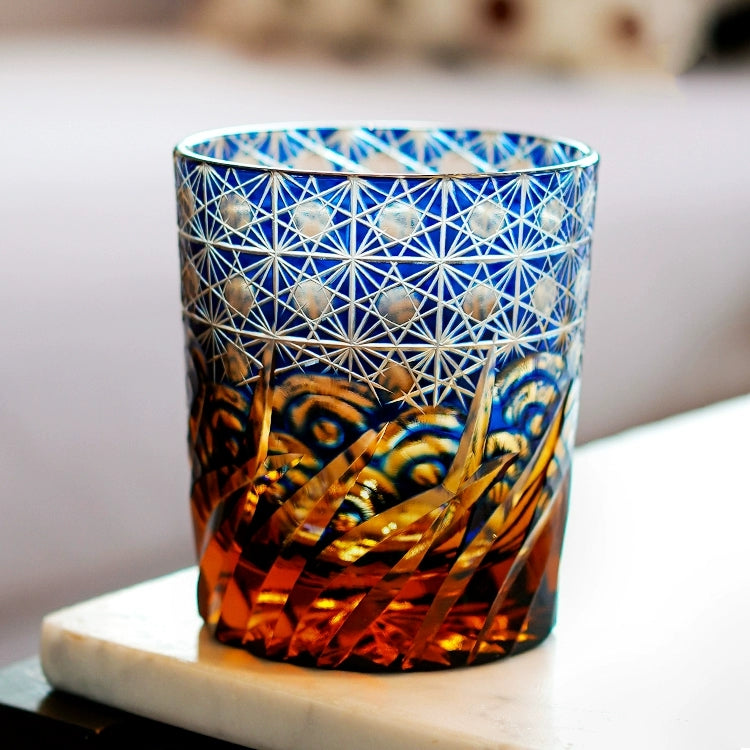 Hand-Cut Crystal Tumbler for Bourbon & Spirits, Blue-Amber Glass with Authentic Japanese Patterns, Gift-Ready Keepsake Box for Collectors