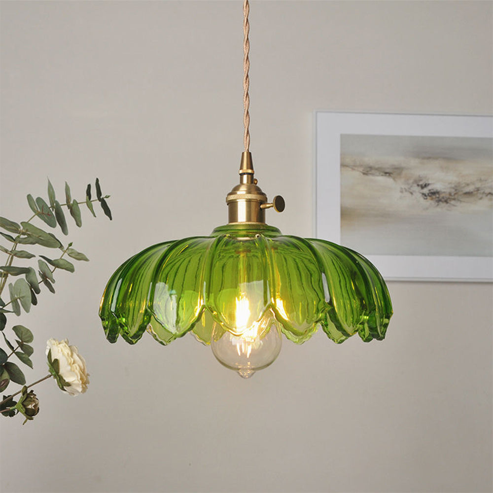 Floral Glass Hanging Light for Kitchen Island & Dining Table – Adjustable Cord, Textured Shade, Brass Accent – 8 in Diameter Fixture for Mod