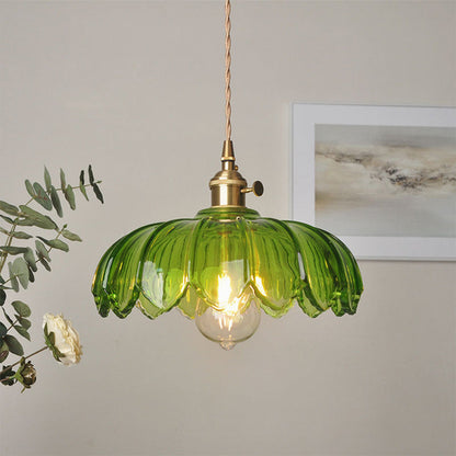 Floral Glass Hanging Light for Kitchen Island & Dining Table – Adjustable Cord, Textured Shade, Brass Accent – 8 in Diameter Fixture for Mod