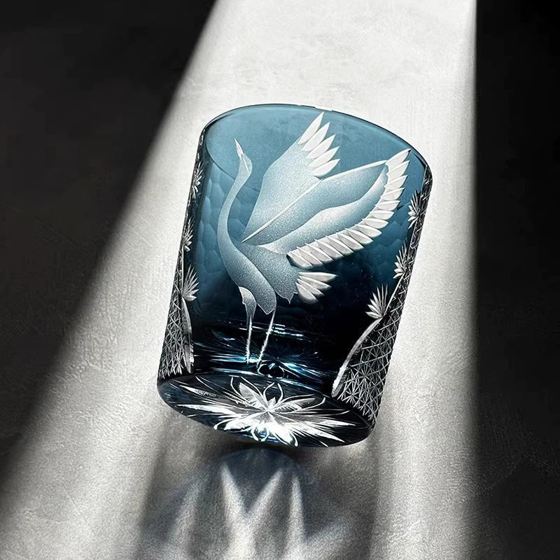 Japanese Cut Crystal Whisky Tumbler with Crane Motif and Gift Box for Spirits and Cocktails