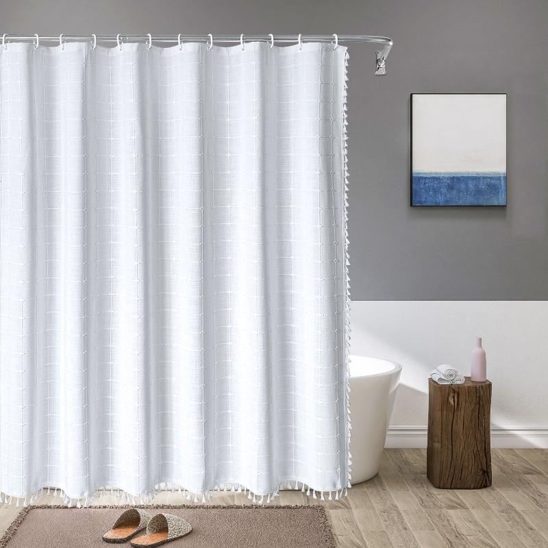 Waterproof Bath Curtain with Tassel Trim 71 x 79 Inches Gray Woven Linen Privacy Screen for Bohemian Bathrooms Country Style Decor Machine W