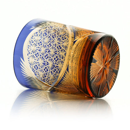 Japanese Cut Crystal Whisky Tumbler with Gift Box | Traditional Etched Pattern | Amber Colored Spirit Glass for Bourbon & Scotch | Artisan B