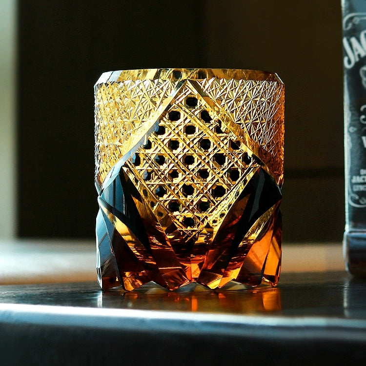 Geometric Cut Crystal Rocks Glass for Bourbon, Scotch & Neat Spirits | Dark Amber Tumbler with Wooden Gift Box for Home Bar & Whisky Enthusi