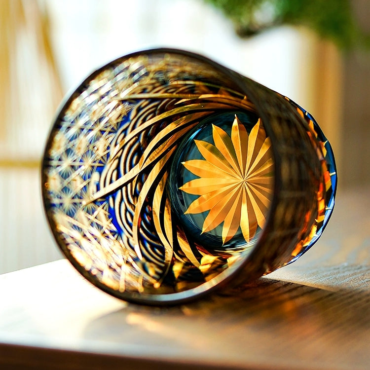 Hand-Cut Crystal Tumbler for Bourbon & Spirits, Blue-Amber Glass with Authentic Japanese Patterns, Gift-Ready Keepsake Box for Collectors