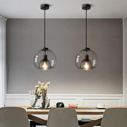 Gray Tinted Glass Drop Light with Adjustable 59-Inch Cord for Kitchen Island, Dining Area & Bedroom – E27 Socket Ceiling Fixture