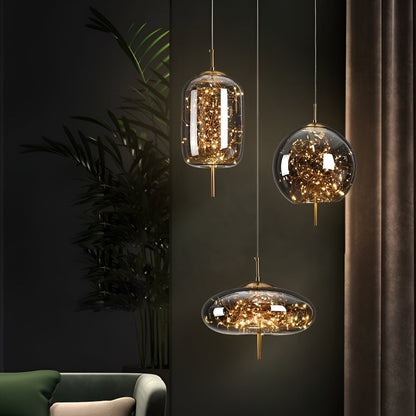 Glass Hanging Fixture with Adjustable Cord for Dining Table & Kitchen Island | Modern Suspended Light in Amber or Gray | Oval Sphere Capsule