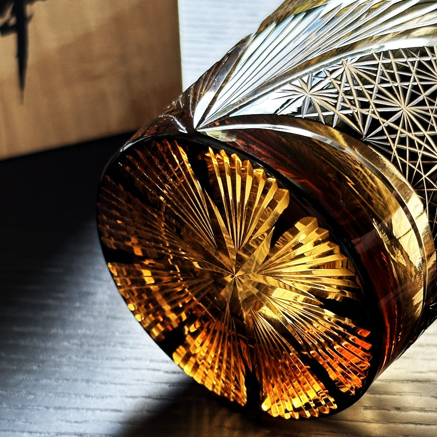 Japanese Cut Crystal Whisky Tumbler with Gift Box | Traditional Etched Pattern | Amber Colored Spirit Glass for Bourbon & Scotch | Artisan B
