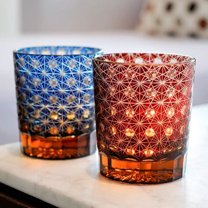 Cut Crystal Whisky Tumblers with Starburst Floral Design in Amber Glass for Bourbon, Scotch & Cocktails