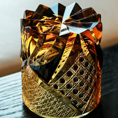 Japanese Cut Crystal Whiskey Tumbler with Gift Box | Dark Amber Hand-Etched Old Fashioned Glass for Scotch Bourbon Spirits | Medieval Knight