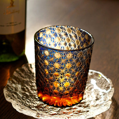 Cut Crystal Whisky Tumblers with Starburst Floral Design in Amber Glass for Bourbon, Scotch & Cocktails
