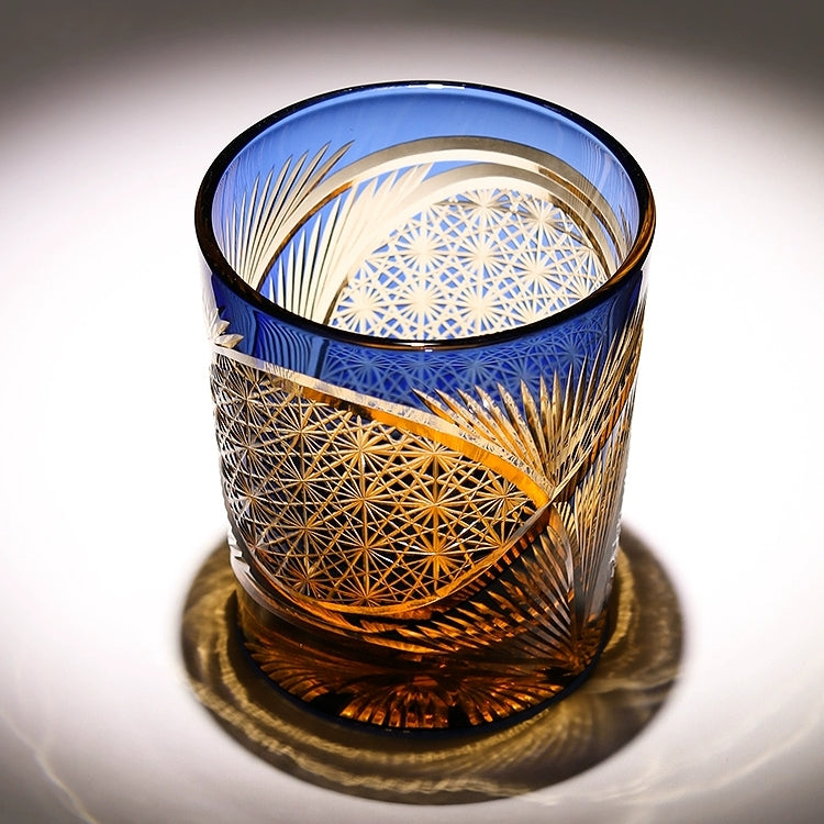 Japanese Cut Crystal Whisky Tumbler with Gift Box | Traditional Etched Pattern | Amber Colored Spirit Glass for Bourbon & Scotch | Artisan B
