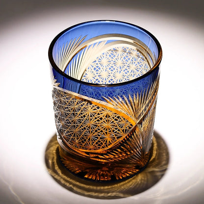 Japanese Cut Crystal Whisky Tumbler with Gift Box | Traditional Etched Pattern | Amber Colored Spirit Glass for Bourbon & Scotch | Artisan B