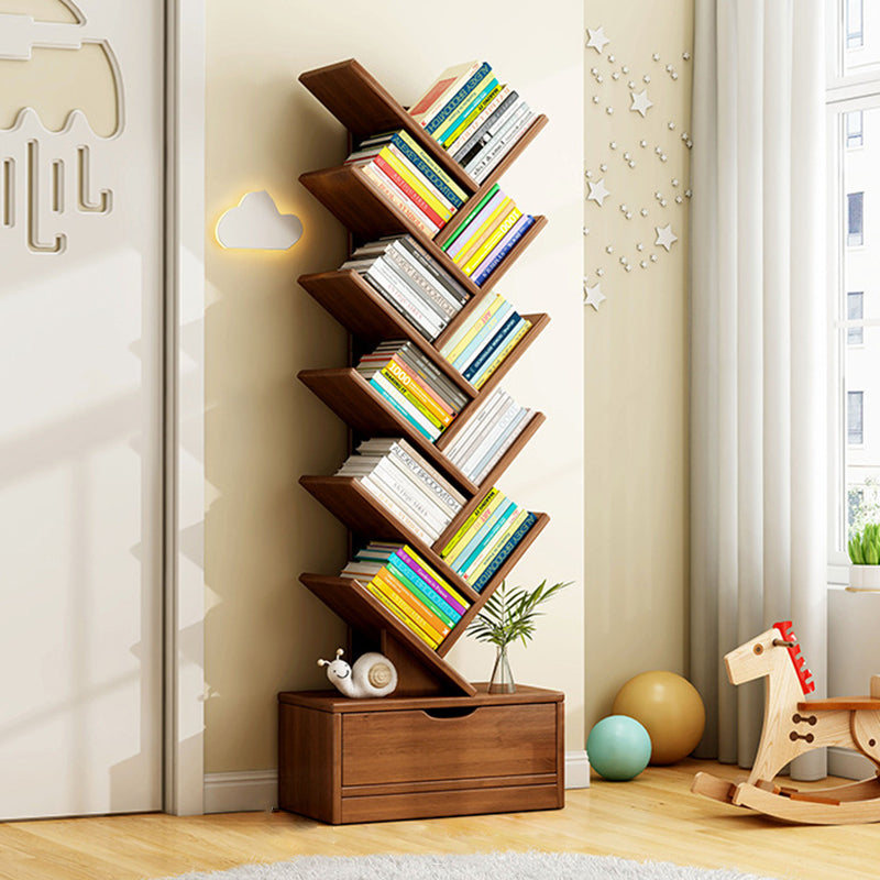 Modern Geometric Storage Tower Shelf Unit 6-12 Open Tiers Walnut Natural Wood for Living Room Study Den Small Spaces