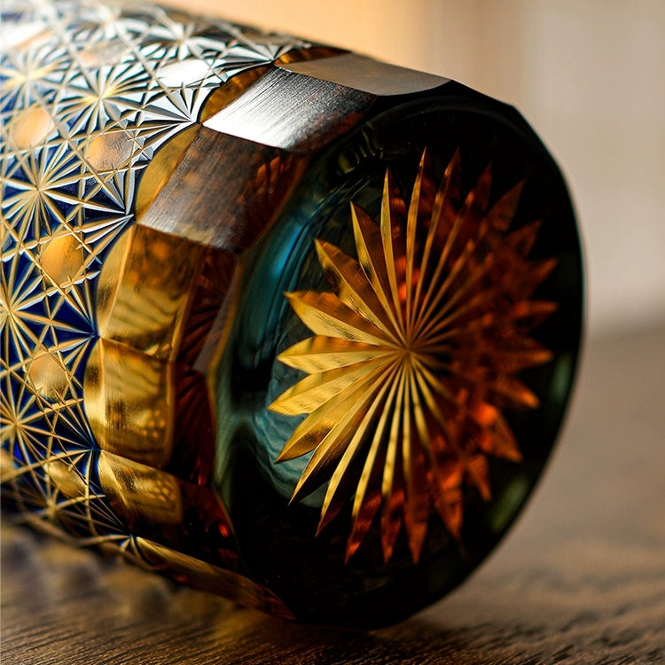 Cut Crystal Whisky Tumblers with Starburst Floral Design in Amber Glass for Bourbon, Scotch & Cocktails