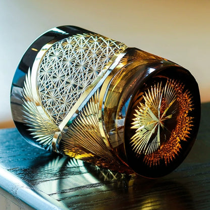 Japanese Cut Crystal Whisky Tumbler with Gift Box | Traditional Etched Pattern | Amber Colored Spirit Glass for Bourbon & Scotch | Artisan B