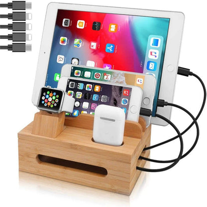 Eco-Friendly Bamboo Charging Station | 5-Port USB Hub with Cable Management for Organized Charging