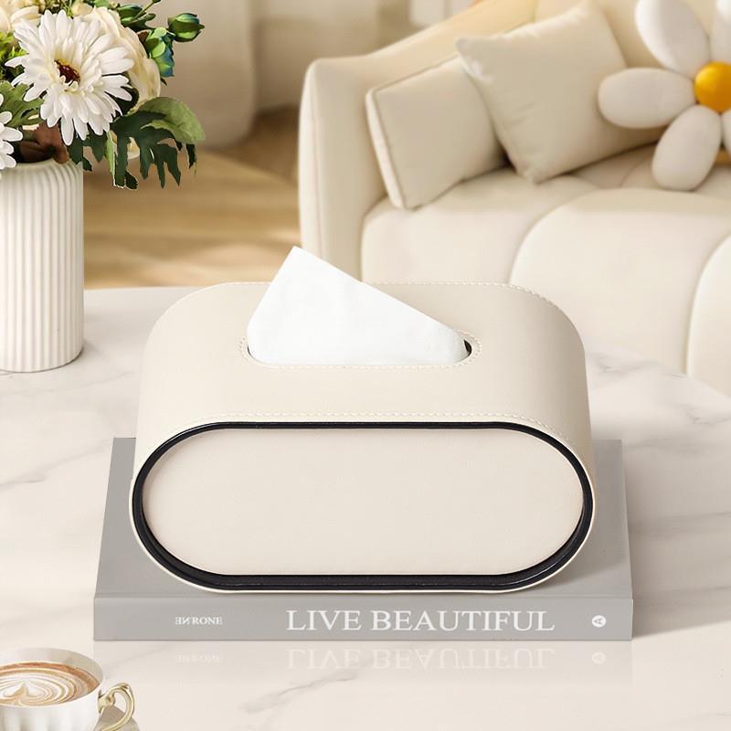 Faux Leather Tissue Holder Oval Desktop Organizer for Home Office Bedroom Bathroom Soft-Close Dispenser Gray Beige Orange