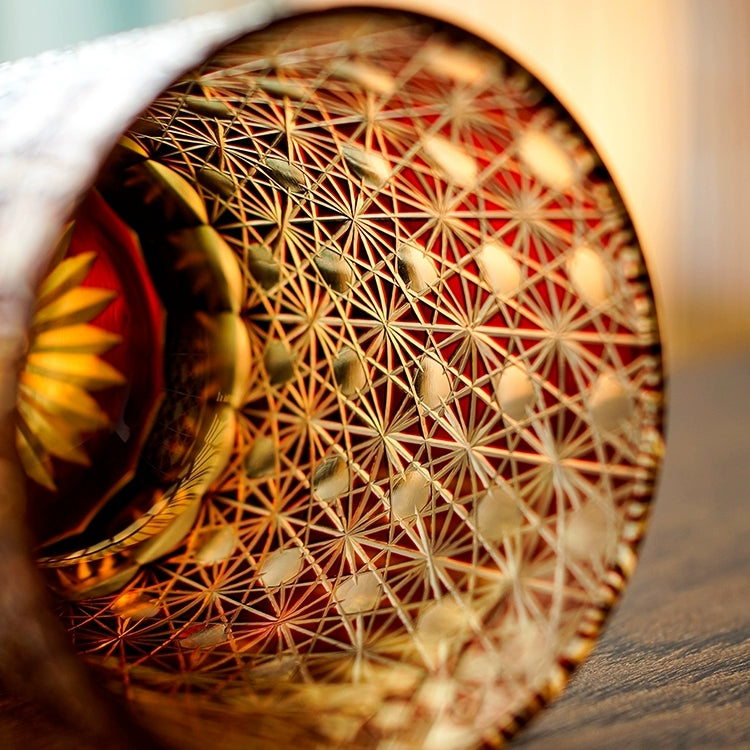 Cut Crystal Whisky Tumblers with Starburst Floral Design in Amber Glass for Bourbon, Scotch & Cocktails