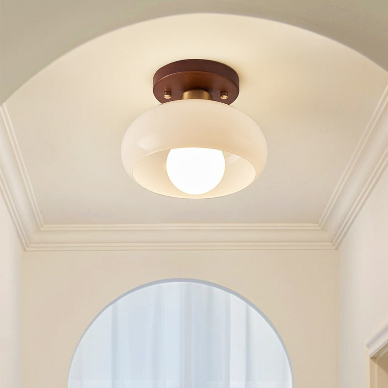 Mid-Century Opal Glass Ceiling Light with Wood Accent – Warm Ambient Flush Mount for Living Room & Bedroom