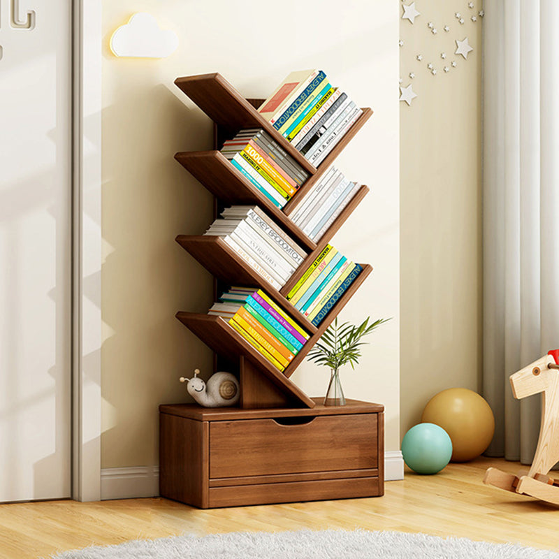 Modern Geometric Storage Tower Shelf Unit 6-12 Open Tiers Walnut Natural Wood for Living Room Study Den Small Spaces