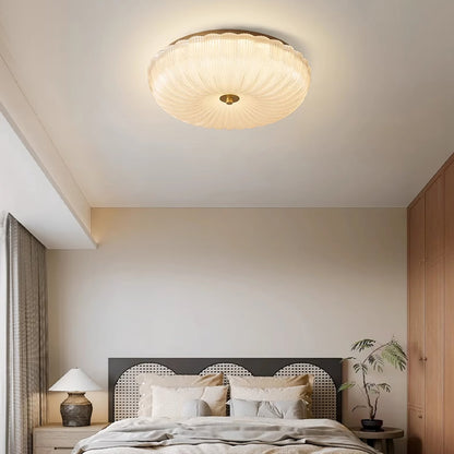 Round Flush Mount LED Ceiling Light Gold Metal Frosted Glass Shade 16 Inch 36W for Bedroom Living Room Kitchen Office Indoor Lighting 3000K