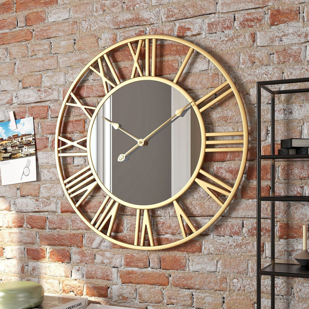 15 Inch Industrial Metal Wall Clock with Mirror Accents for Living Room, Bedroom, Office | Modern Vintage Timepiece | Battery Operated