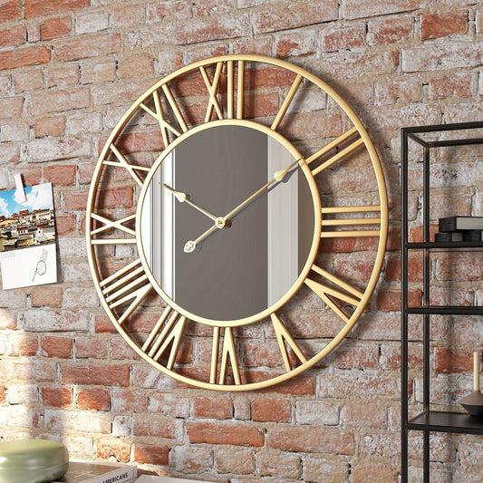 15 Inch Industrial Metal Wall Clock with Mirror Accents for Living Room, Bedroom, Office | Modern Vintage Timepiece | Battery Operated
