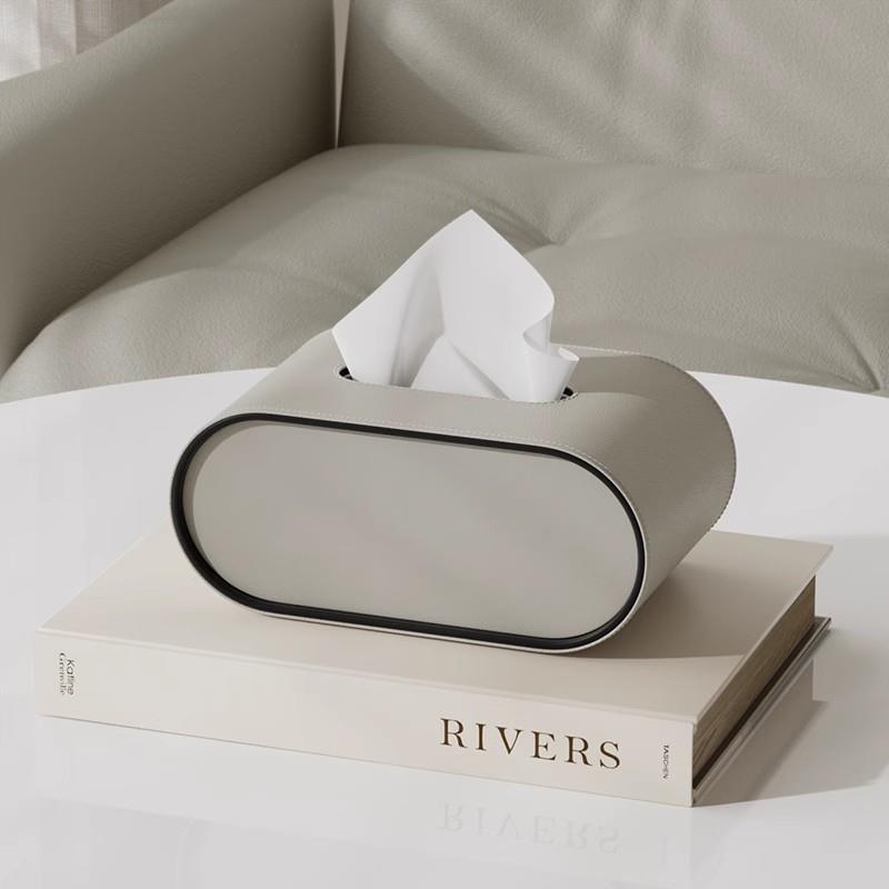Faux Leather Tissue Holder Oval Desktop Organizer for Home Office Bedroom Bathroom Soft-Close Dispenser Gray Beige Orange