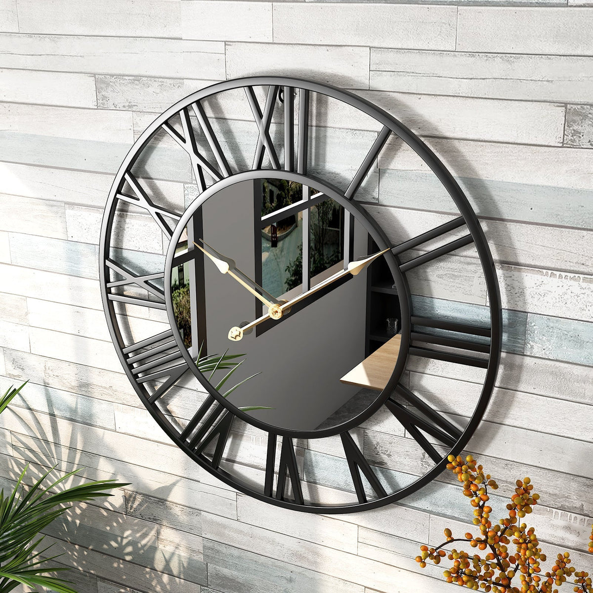 15 Inch Industrial Metal Wall Clock with Mirror Accents for Living Room, Bedroom, Office | Modern Vintage Timepiece | Battery Operated