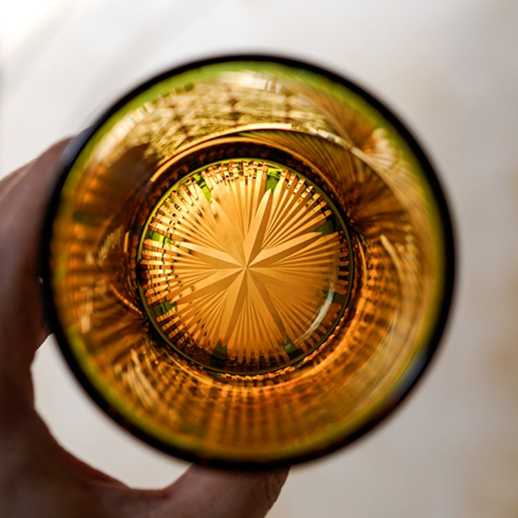 Japanese Cut Crystal Whisky Tumbler with Gift Box | Traditional Etched Pattern | Amber Colored Spirit Glass for Bourbon & Scotch | Artisan B
