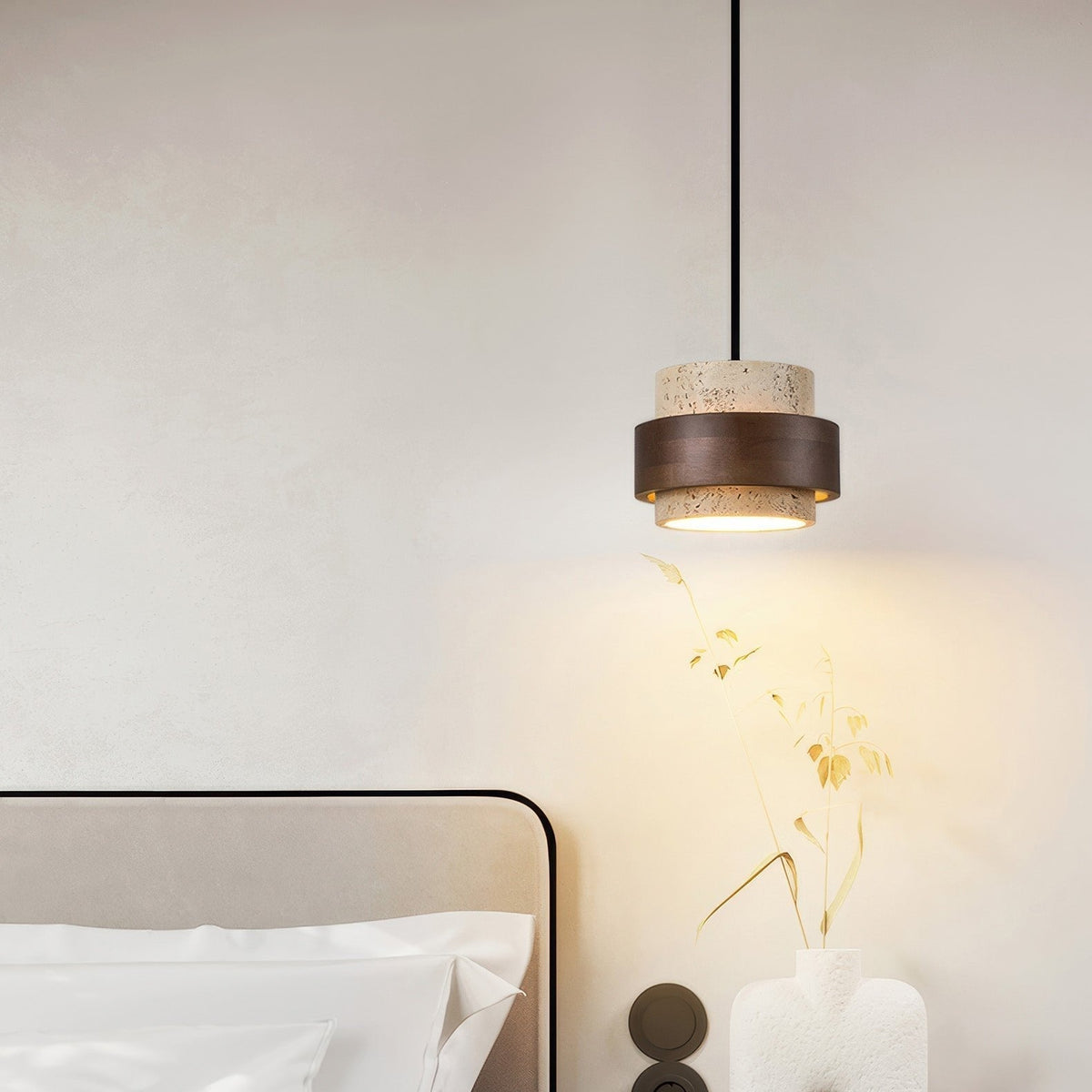 Stone & Wood Drop Ceiling Fixture 6.7 Inch Natural Travertine Hanging Light for Dining Table Kitchen Island Bedside Minimalist Adjustable Co