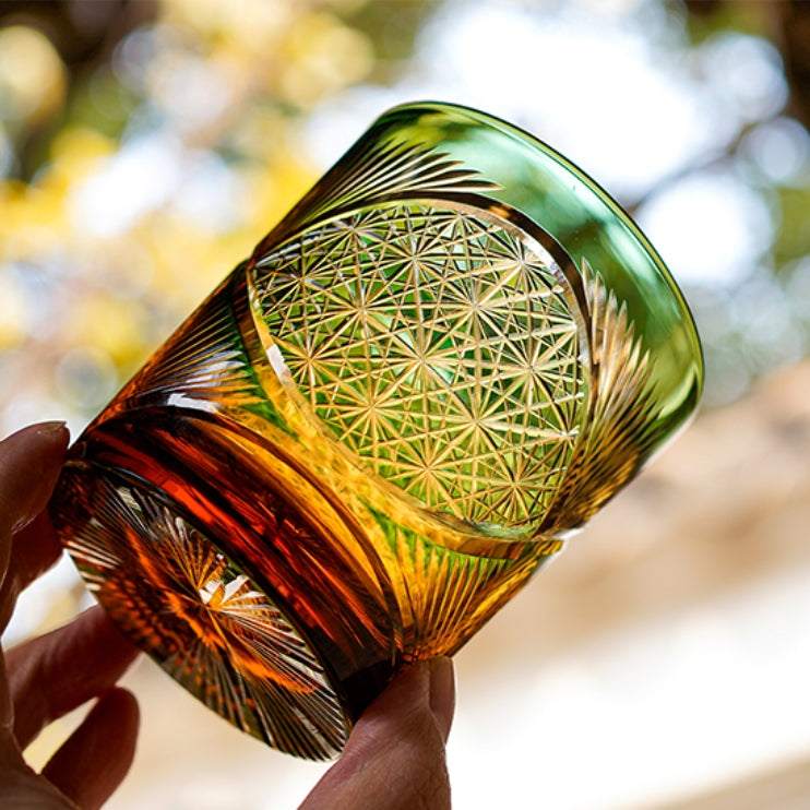 Japanese Cut Crystal Whisky Tumbler with Gift Box | Traditional Etched Pattern | Amber Colored Spirit Glass for Bourbon & Scotch | Artisan B