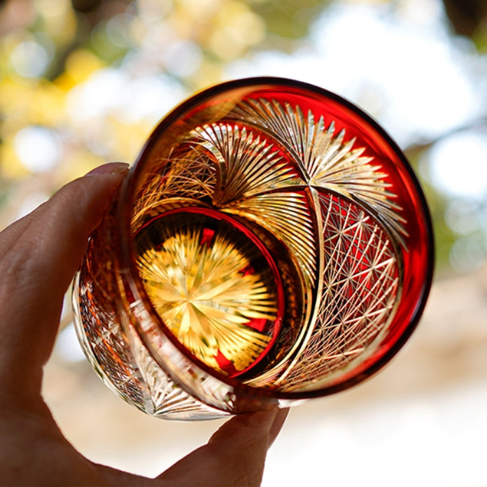 Japanese Cut Crystal Whisky Tumbler with Gift Box | Traditional Etched Pattern | Amber Colored Spirit Glass for Bourbon & Scotch | Artisan B