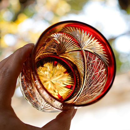 Japanese Cut Crystal Whisky Tumbler with Gift Box | Traditional Etched Pattern | Amber Colored Spirit Glass for Bourbon & Scotch | Artisan B
