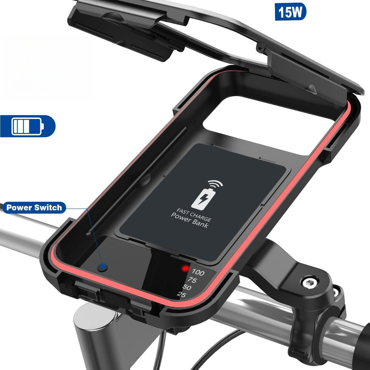 Waterproof Bike Phone Mount with 5000mAh Power Bank USB Charging Handlebar Holder for Smartphones 4.5-6.8 Inches Touch Screen Compatible Mot