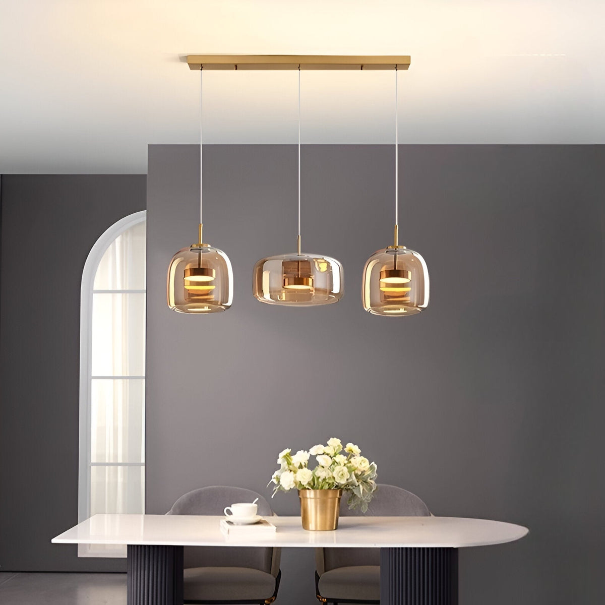 Triple Glass Dome Ceiling Light 15 in Adjustable Height for Kitchen Island Dining Room Modern Hanging Fixture Gray Smoked Finish