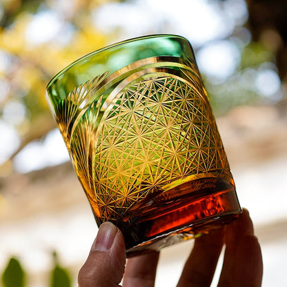 Japanese Cut Crystal Whisky Tumbler with Gift Box | Traditional Etched Pattern | Amber Colored Spirit Glass for Bourbon & Scotch | Artisan B