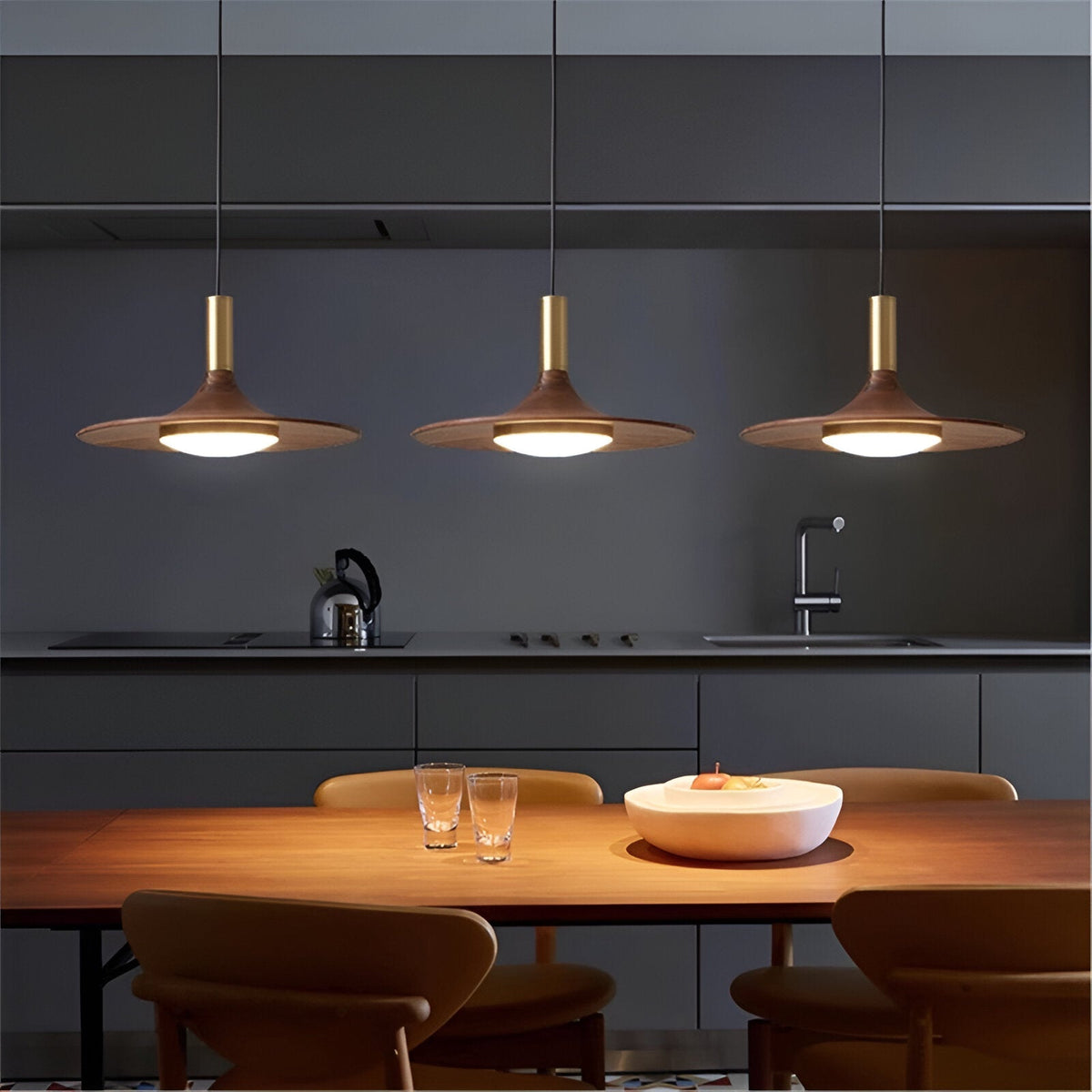 Sculptural Metal Shade Ceiling Fixture with Organic Wood-Tone Accent – 10 in or 14 in Drop Light for Island Counter Bar and Breakfast Nook –