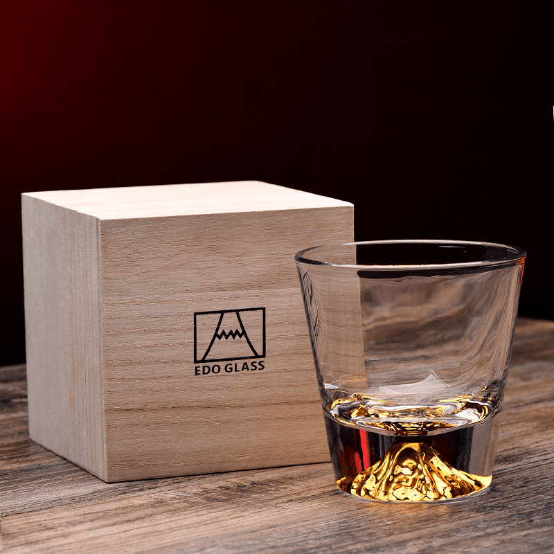 Mountain-Carved Rocks Glass with Wooden Gift Box – Handcut Crystal Tumbler for Spirits & Cocktails