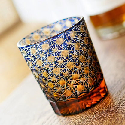 Cut Crystal Whisky Tumblers with Starburst Floral Design in Amber Glass for Bourbon, Scotch & Cocktails