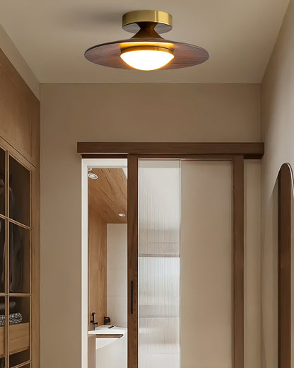 Flush Mount Light Fixture with Wood Accent 9 in Diameter LED for Kitchen Dining Room Entryway Hallway Low Profile Gold Metal Frame Walnut Fi