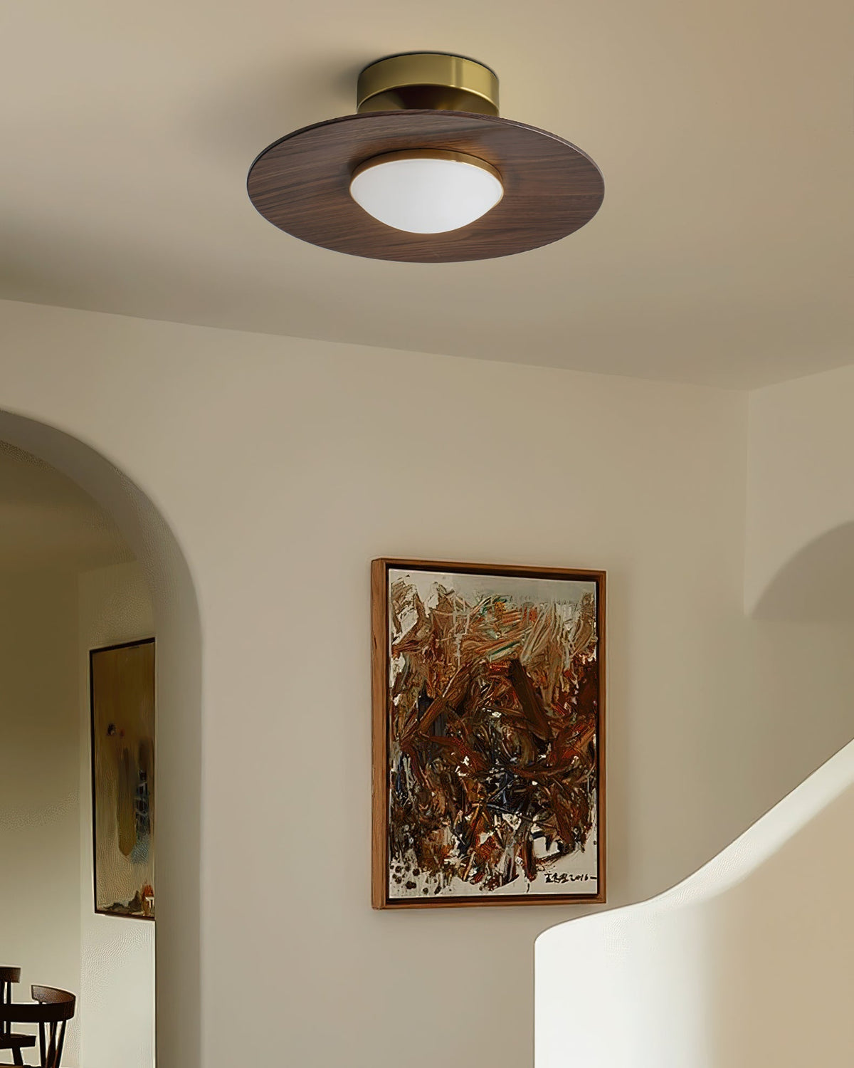 Flush Mount Light Fixture with Wood Accent 9 in Diameter LED for Kitchen Dining Room Entryway Hallway Low Profile Gold Metal Frame Walnut Fi
