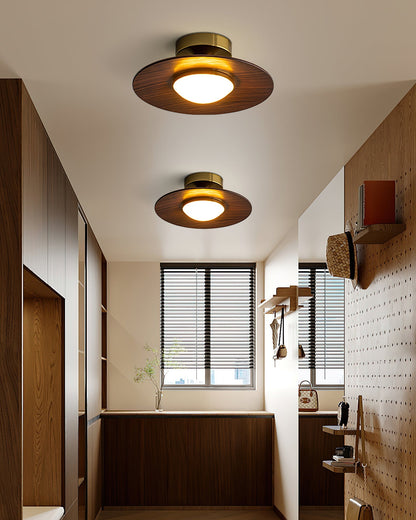 Flush Mount Light Fixture with Wood Accent 9 in Diameter LED for Kitchen Dining Room Entryway Hallway Low Profile Gold Metal Frame Walnut Fi