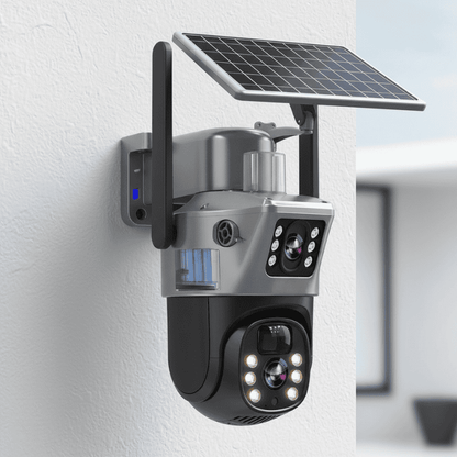 Solar-Powered Surveillance Camera 4K Resolution Dual-Lens System 10x Magnification Wireless Setup for Home Business Yard Monitoring Day Nigh