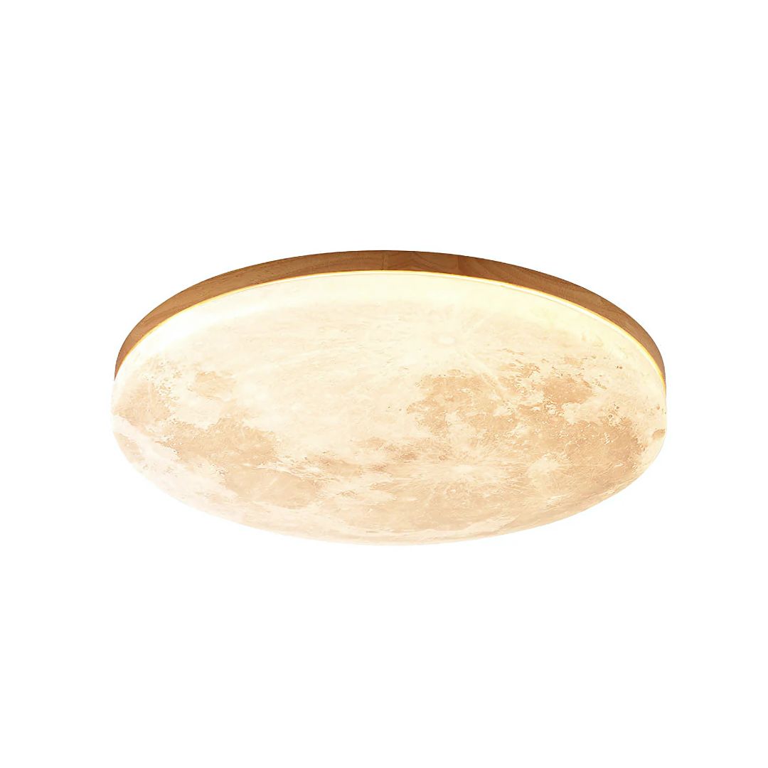 Round Flush Mount LED Ceiling Light with Lunar Surface Design Wood & Acrylic 19 in Diameter for Bedrooms Living Rooms Hallways Modern Ambien