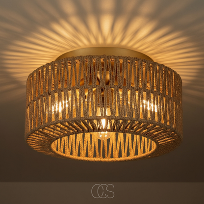 Handwoven Rattan Ceiling Light with 3-Color Temperature LED | Boho Flush Mount Pendant Lamp for Bedroom, Dining Room & Living Room