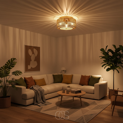 Handwoven Rattan Ceiling Light with 3-Color Temperature LED | Boho Flush Mount Pendant Lamp for Bedroom, Dining Room & Living Room