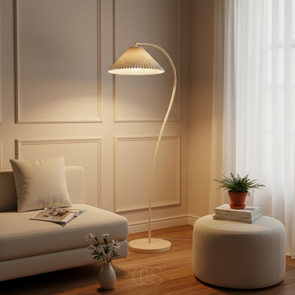 Arched Floor Lamp with Pleated Fabric Shade for Living Room, Bedroom & Reading Nook – Beige Linen Finish, E26 Socket, Foot Switch, 60 in