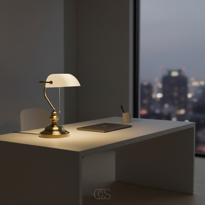 Classic Banker Desk Lamp with White Glass Shade & Antique Brass Base for Home Office Reading